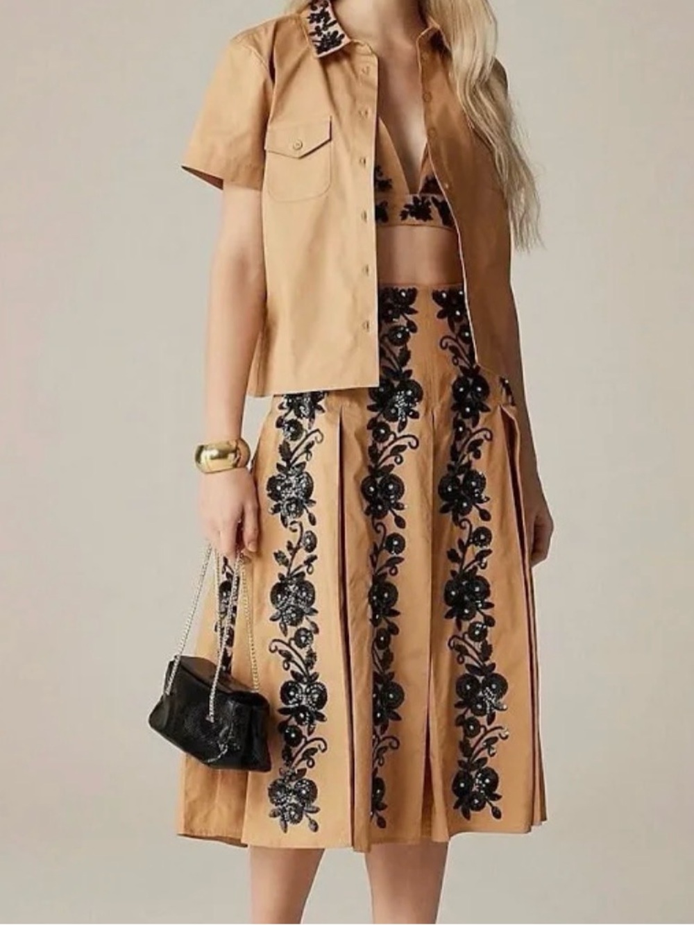 J. Crew Tan Midi Skirt with Black Floral Appliqué